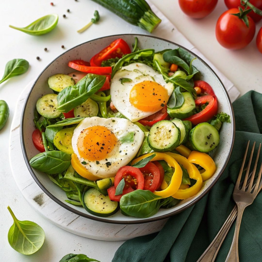 Jajka sadzone na warzywach stir‑fry