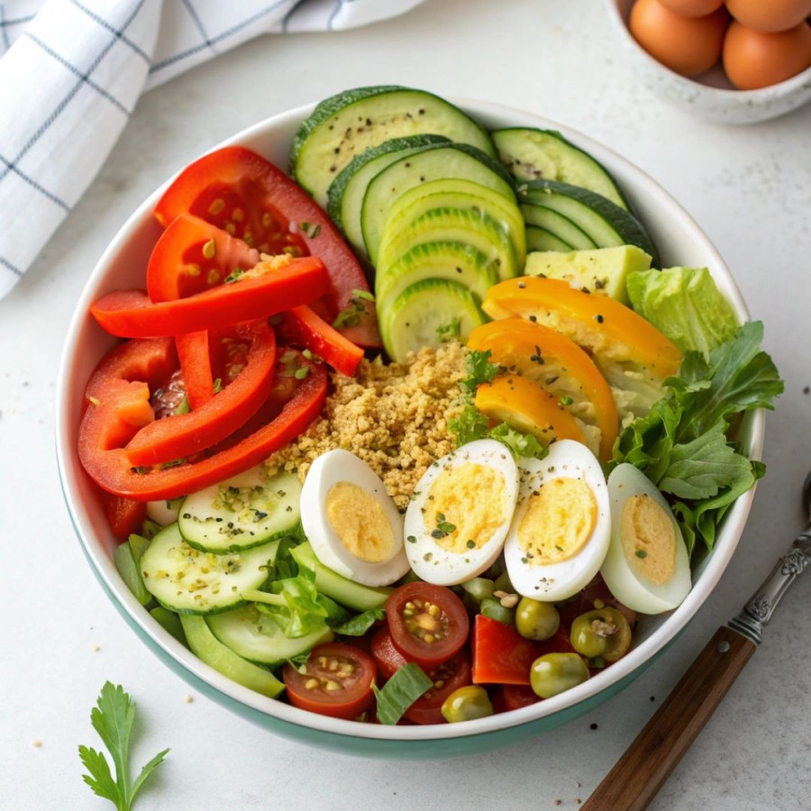 Przepis: Jajka na twardo z miską warzyw