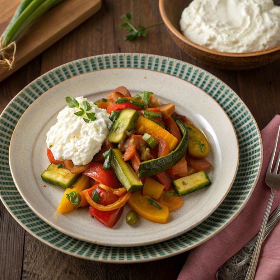 Duszone warzywa z twarogiem